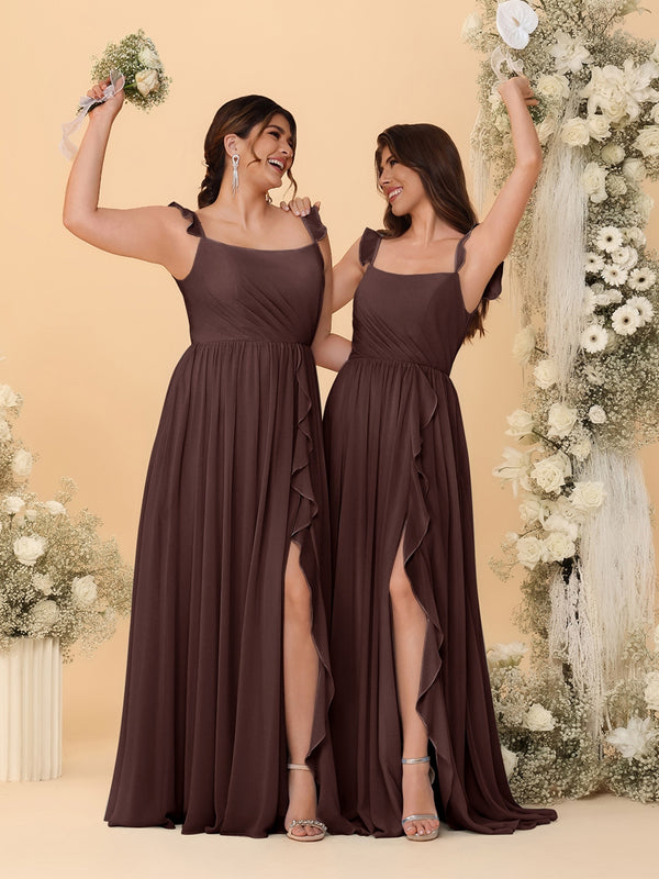 A-Line/Princess Square Neck Sleeveless Ruched Bridesmaid Dresses With Side Slit & Ruffles