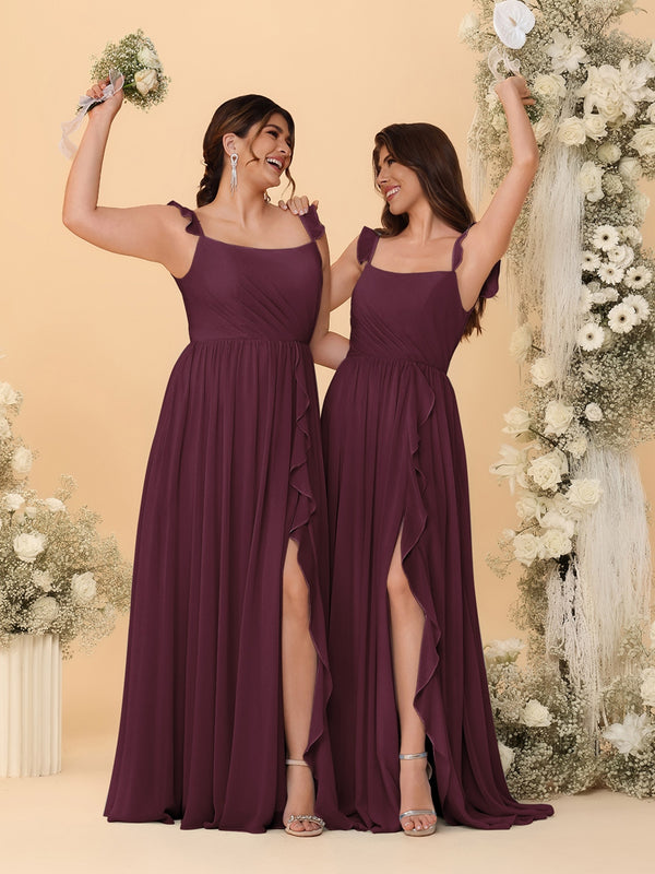 A-Line/Princess Square Neck Sleeveless Ruched Bridesmaid Dresses With Side Slit & Ruffles