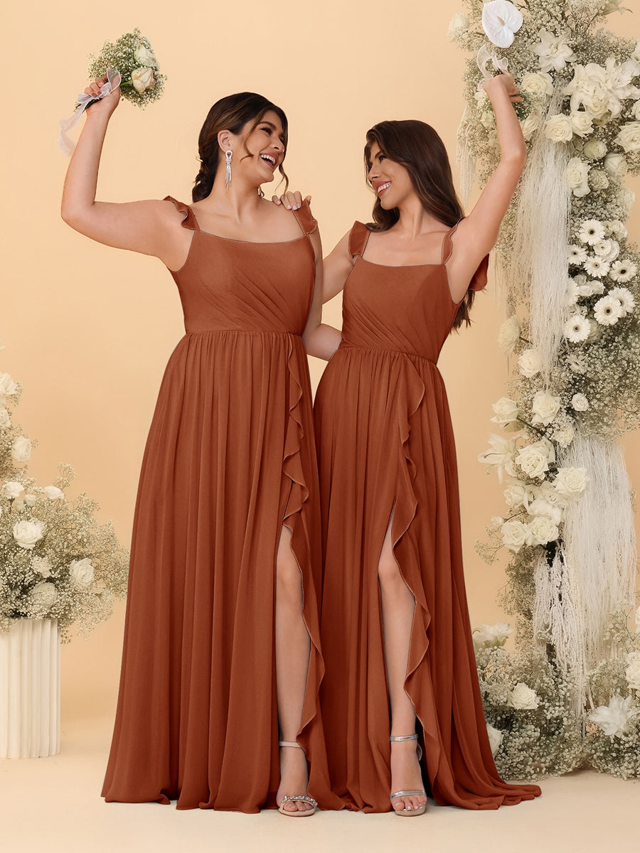 A-Line/Princess Square Neck Sleeveless Ruched Bridesmaid Dresses With Side Slit &amp; Ruffles