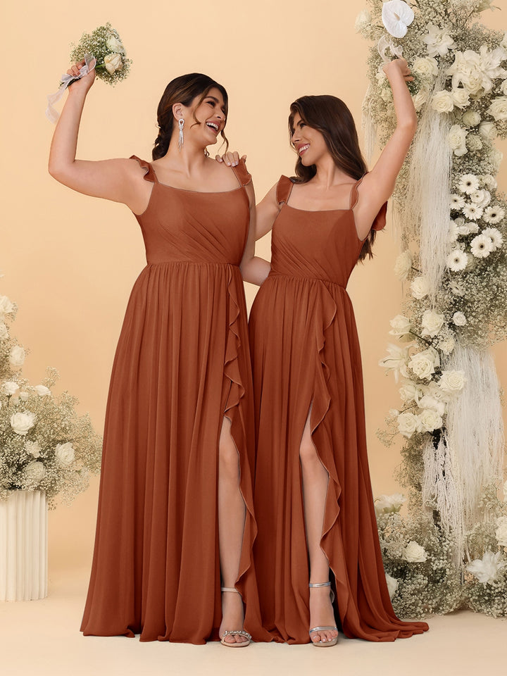 A-Line/Princess Square Neck Sleeveless Ruched Bridesmaid Dresses With Side Slit &amp; Ruffles