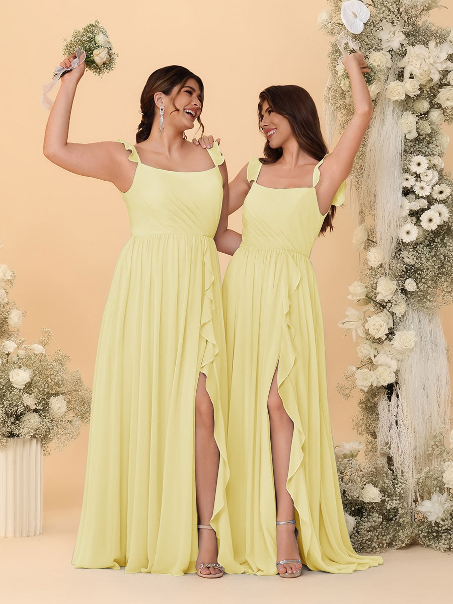 A-Line/Princess Square Neck Sleeveless Ruched Bridesmaid Dresses With Side Slit &amp; Ruffles