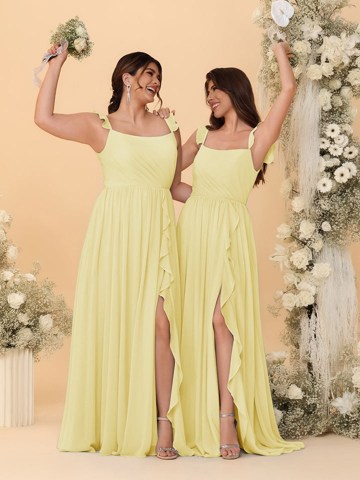 A-Line/Princess Square Neck Sleeveless Ruched Bridesmaid Dresses With Side Slit &amp; Ruffles