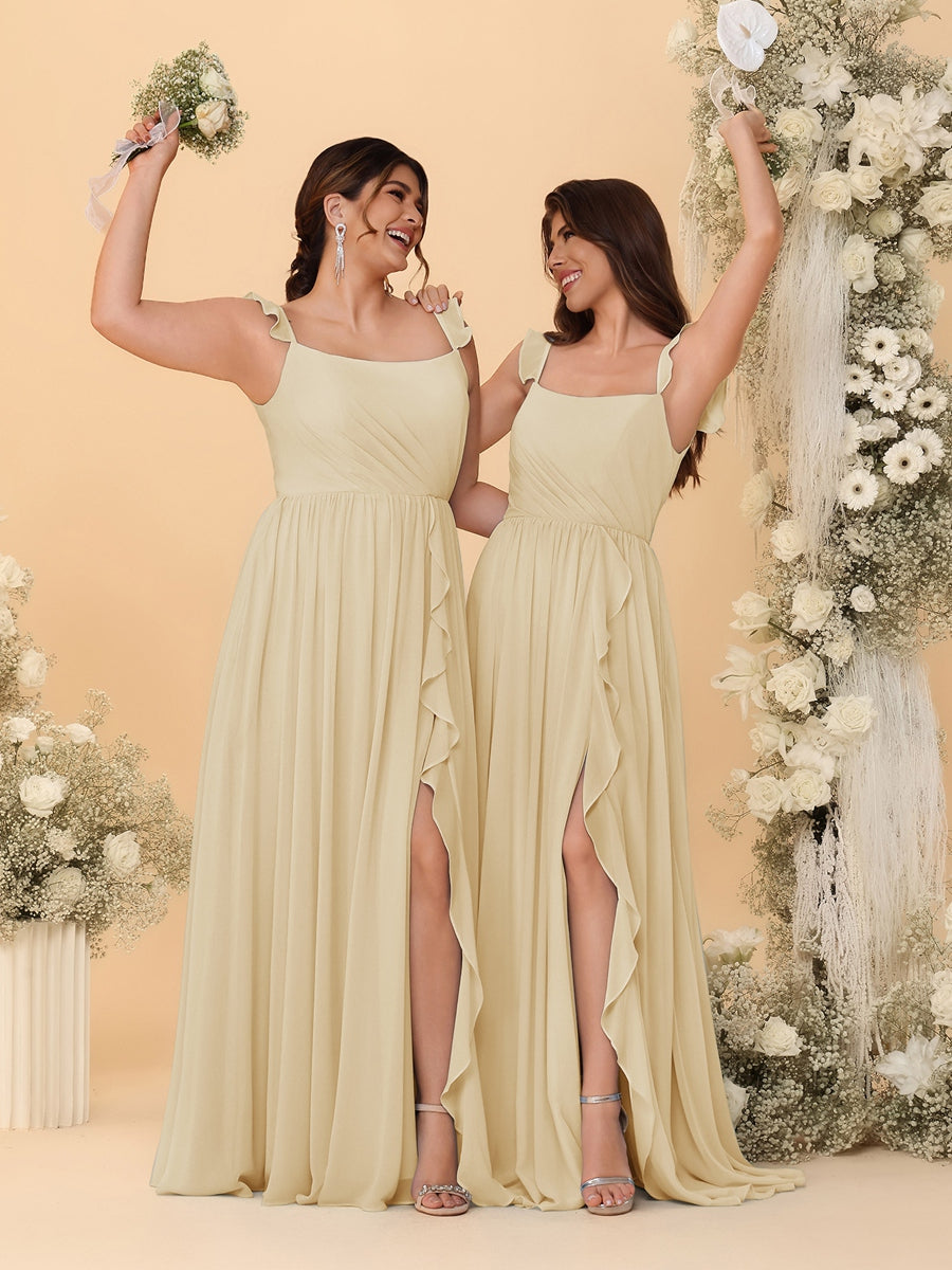 A-Line/Princess Square Neck Sleeveless Ruched Bridesmaid Dresses With Side Slit &amp; Ruffles