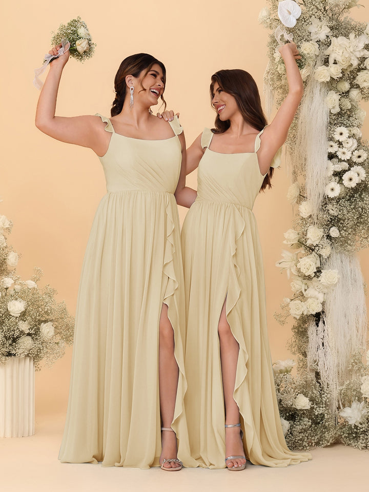 A-Line/Princess Square Neck Sleeveless Ruched Bridesmaid Dresses With Side Slit &amp; Ruffles