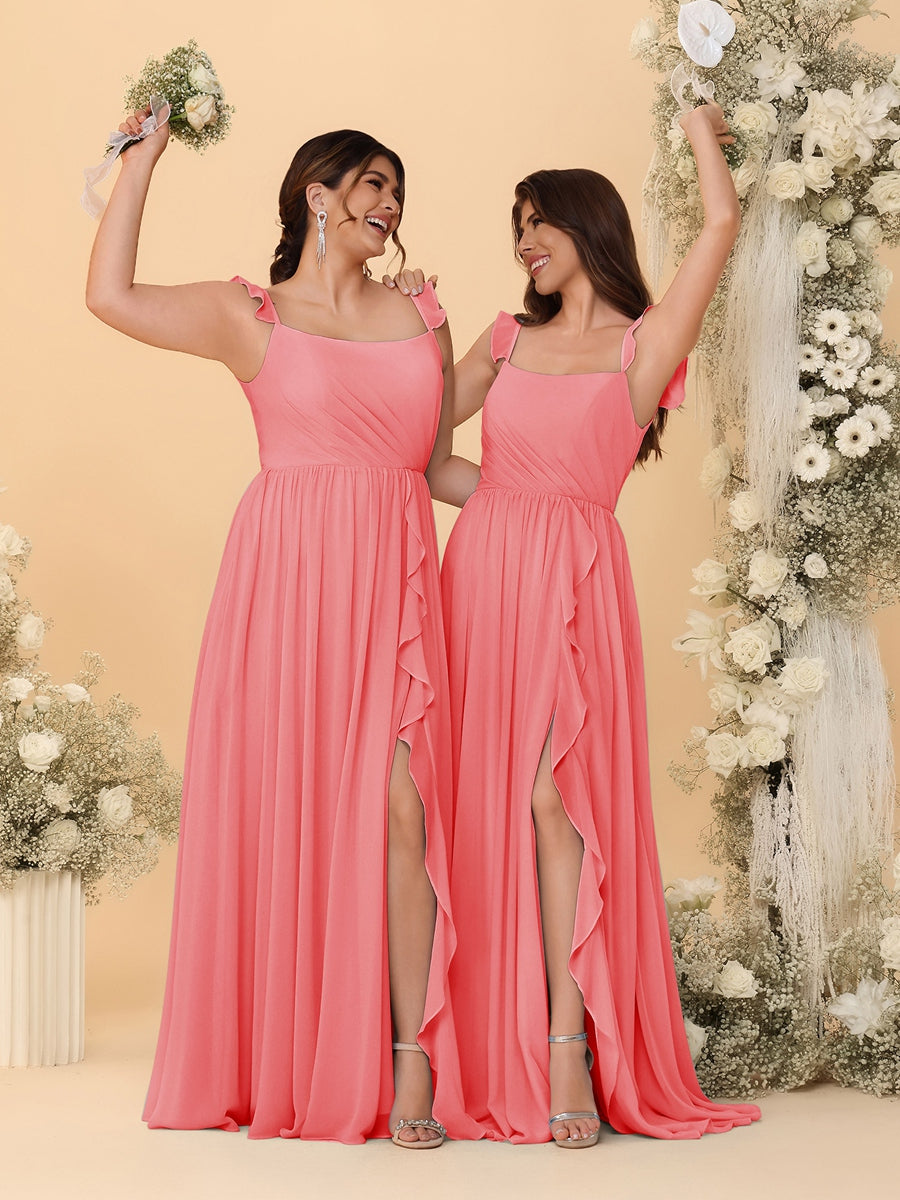 A-Line/Princess Square Neck Sleeveless Ruched Bridesmaid Dresses With Side Slit &amp; Ruffles