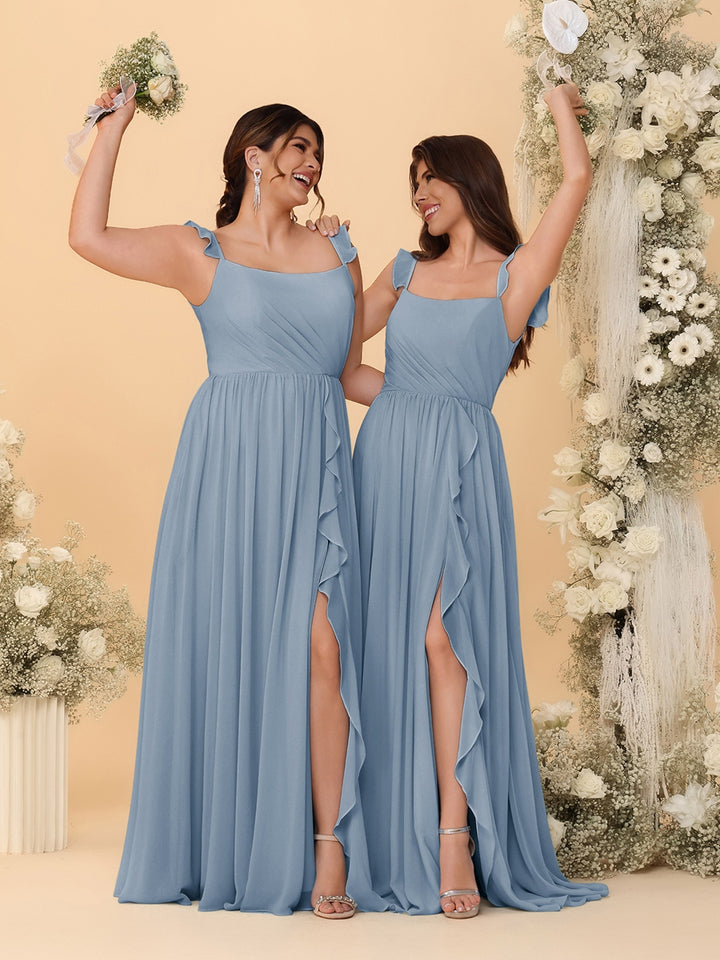 A-Line/Princess Square Neck Sleeveless Ruched Bridesmaid Dresses With Side Slit &amp; Ruffles