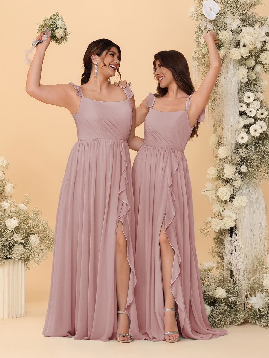A-Line/Princess Square Neck Sleeveless Ruched Bridesmaid Dresses With Side Slit &amp; Ruffles