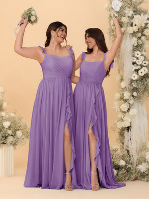 A-Line/Princess Square Neck Sleeveless Ruched Bridesmaid Dresses With Side Slit & Ruffles