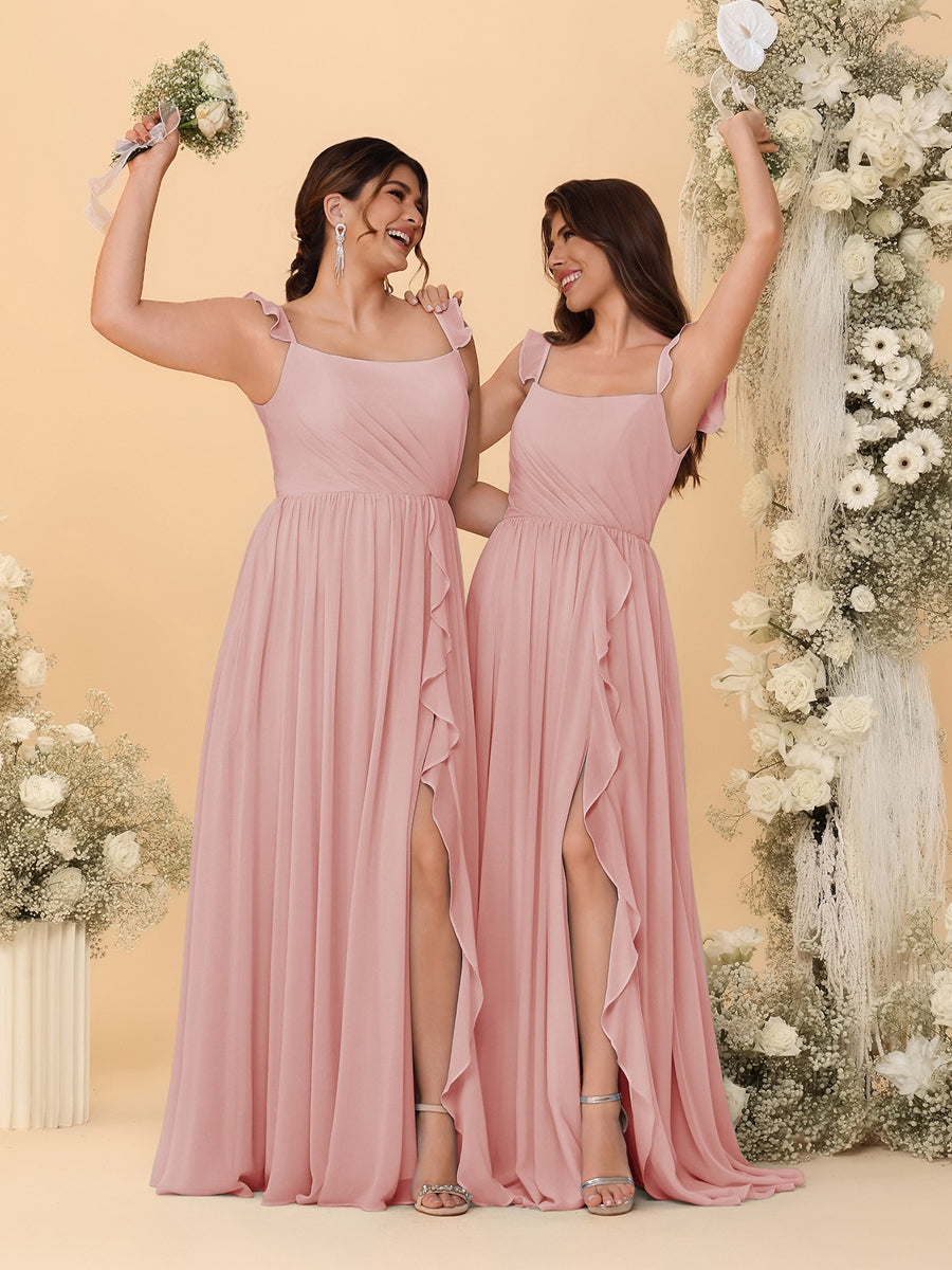 A-Line/Princess Square Neck Sleeveless Ruched Bridesmaid Dresses With Side Slit &amp; Ruffles