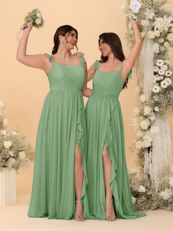 A-Line/Princess Square Neck Sleeveless Ruched Bridesmaid Dresses With Side Slit & Ruffles
