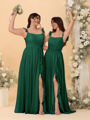 A-Line/Princess Square Neck Sleeveless Ruched Bridesmaid Dresses With Side Slit & Ruffles