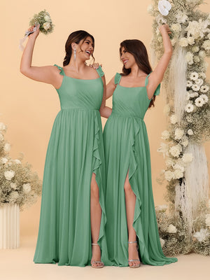 A-Line/Princess Square Neck Sleeveless Ruched Bridesmaid Dresses With Side Slit & Ruffles