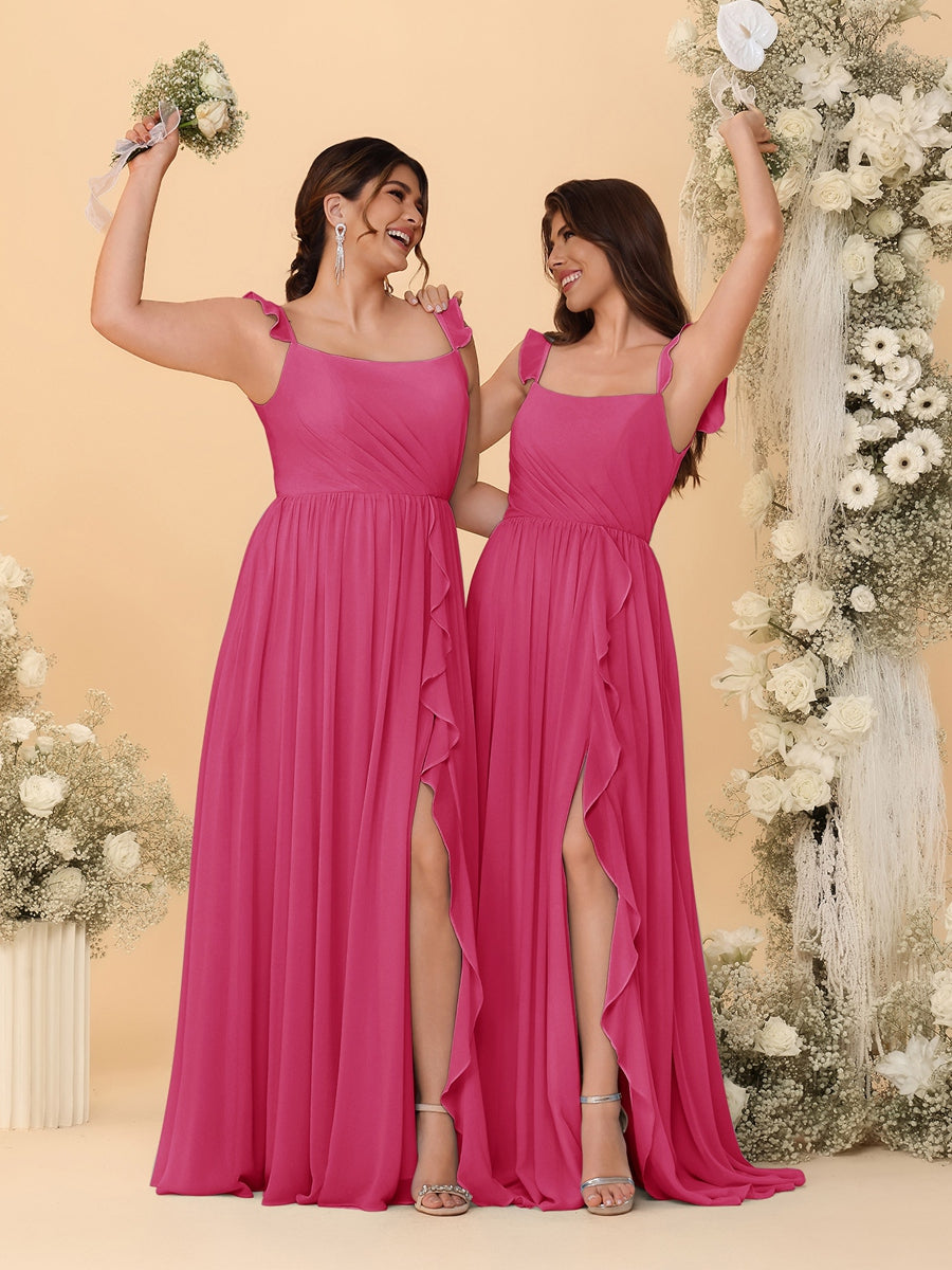 A-Line/Princess Square Neck Sleeveless Ruched Bridesmaid Dresses With Side Slit &amp; Ruffles