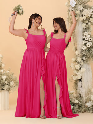 A-Line/Princess Square Neck Sleeveless Ruched Bridesmaid Dresses With Side Slit & Ruffles