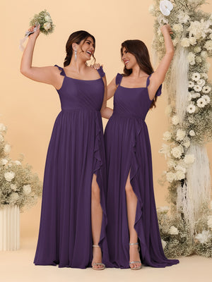 A-Line/Princess Square Neck Sleeveless Ruched Bridesmaid Dresses With Side Slit & Ruffles