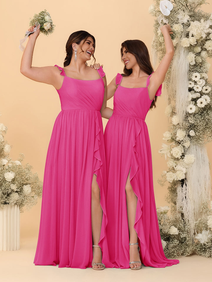 A-Line/Princess Square Neck Sleeveless Ruched Bridesmaid Dresses With Side Slit &amp; Ruffles