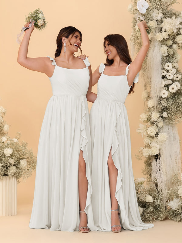 A-Line/Princess Square Neck Sleeveless Ruched Bridesmaid Dresses With Side Slit & Ruffles
