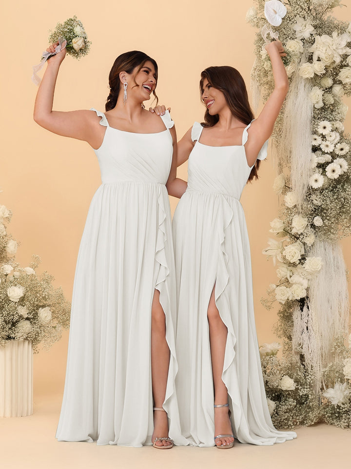 A-Line/Princess Square Neck Sleeveless Ruched Bridesmaid Dresses With Side Slit &amp; Ruffles