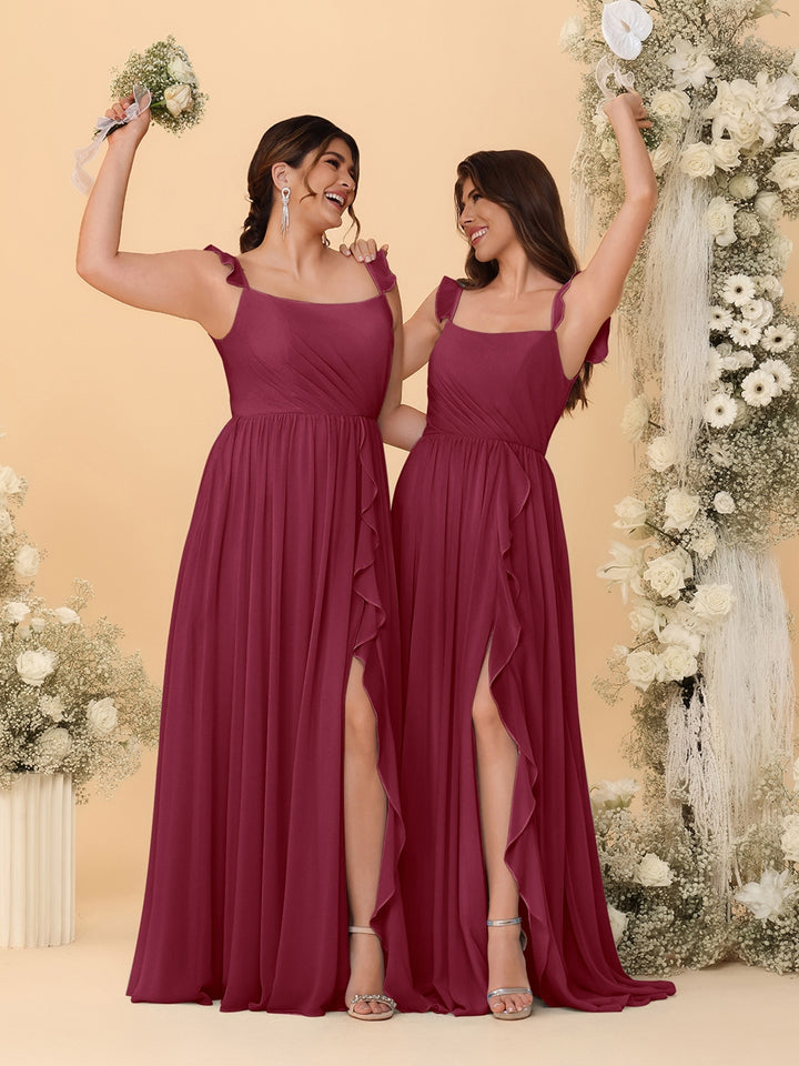 A-Line/Princess Square Neck Sleeveless Ruched Bridesmaid Dresses With Side Slit &amp; Ruffles