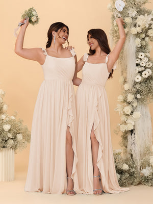 A-Line/Princess Square Neck Sleeveless Ruched Bridesmaid Dresses With Side Slit & Ruffles