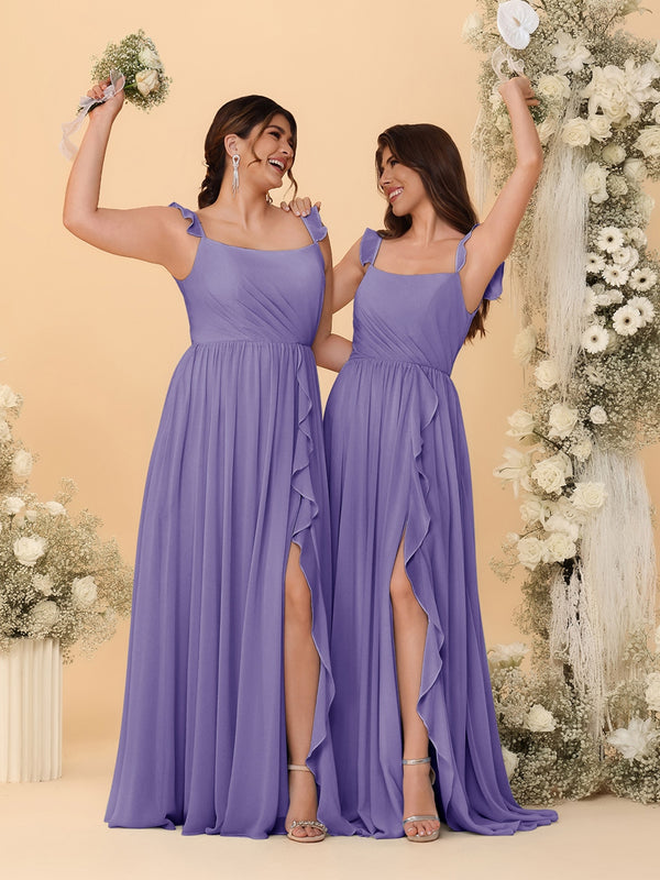 A-Line/Princess Square Neck Sleeveless Ruched Bridesmaid Dresses With Side Slit & Ruffles