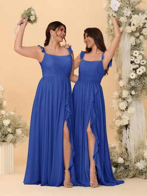 A-Line/Princess Square Neck Sleeveless Ruched Bridesmaid Dresses With Side Slit & Ruffles