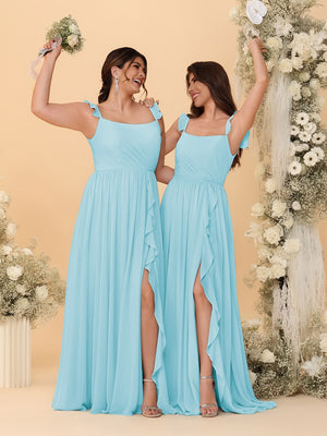 A-Line/Princess Square Neck Sleeveless Ruched Bridesmaid Dresses With Side Slit & Ruffles