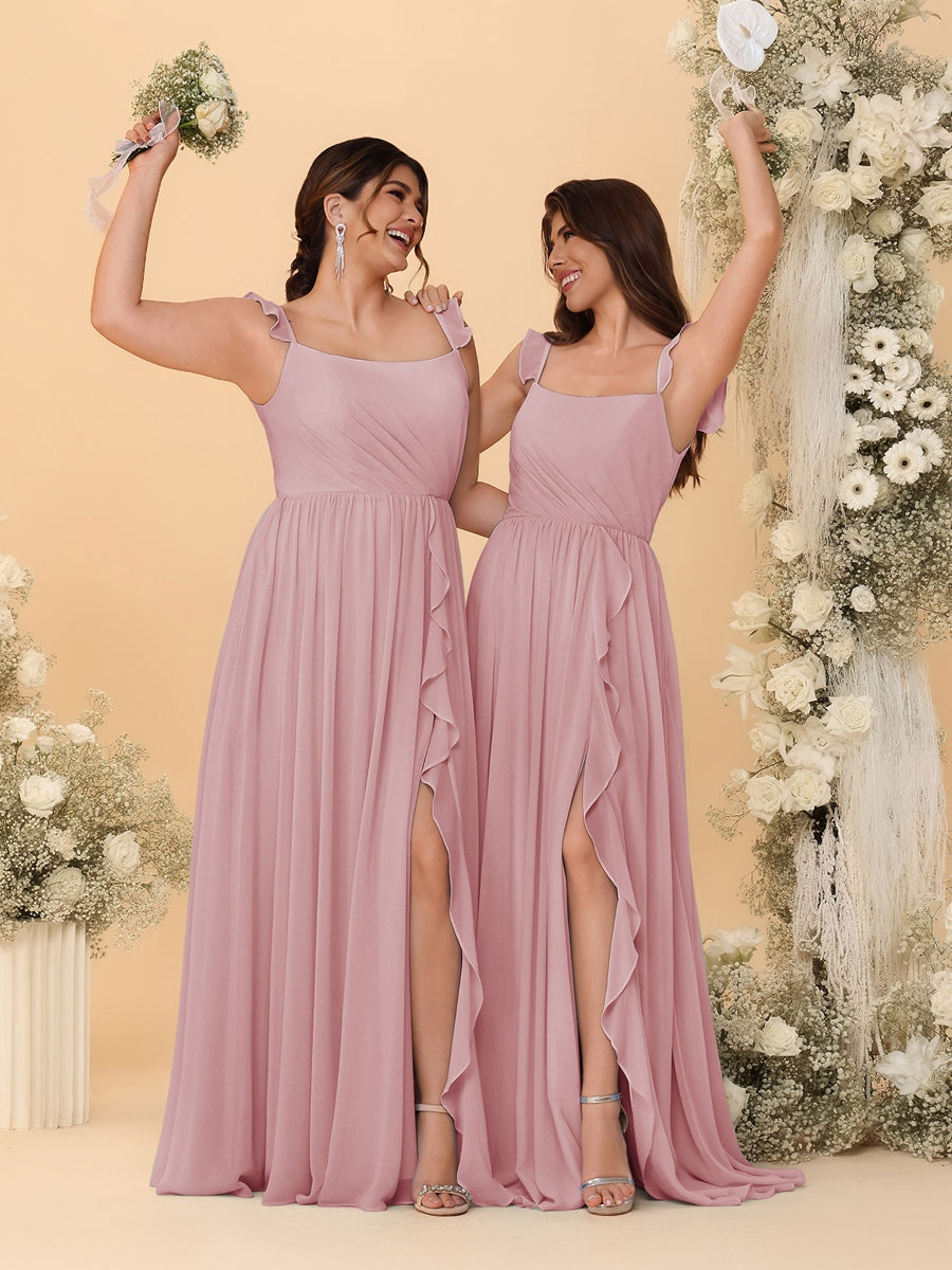 A-Line/Princess Square Neck Sleeveless Ruched Bridesmaid Dresses With Side Slit &amp; Ruffles