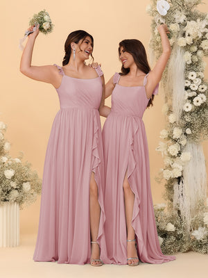 A-Line/Princess Square Neck Sleeveless Ruched Bridesmaid Dresses With Side Slit & Ruffles