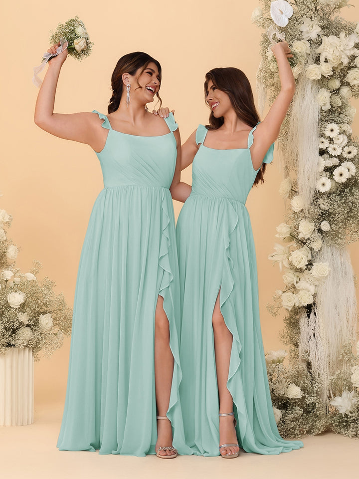 A-Line/Princess Square Neck Sleeveless Ruched Bridesmaid Dresses With Side Slit &amp; Ruffles