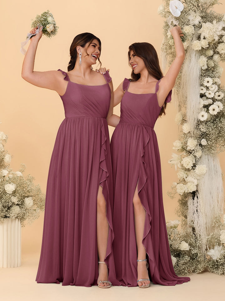 A-Line/Princess Square Neck Sleeveless Ruched Bridesmaid Dresses With Side Slit &amp; Ruffles