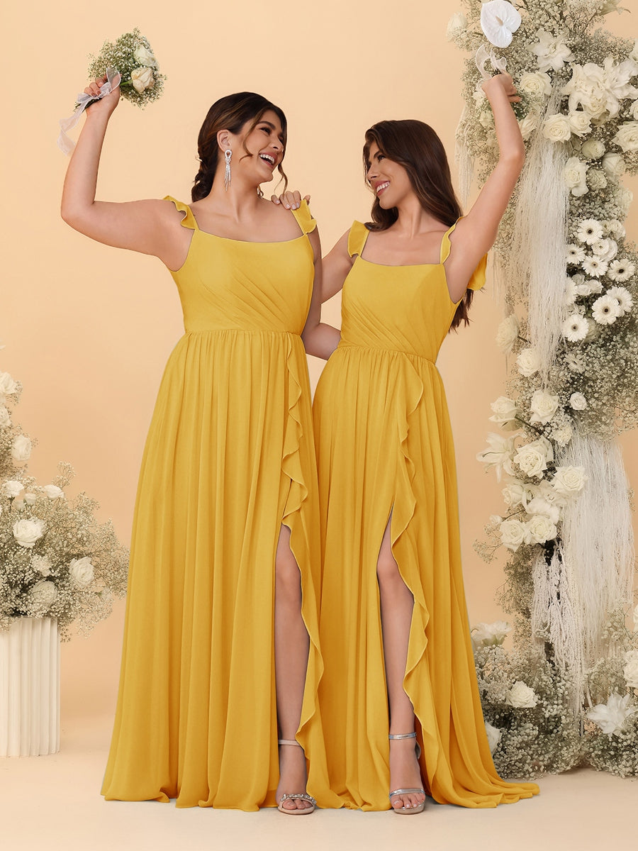 A-Line/Princess Square Neck Sleeveless Ruched Bridesmaid Dresses With Side Slit &amp; Ruffles