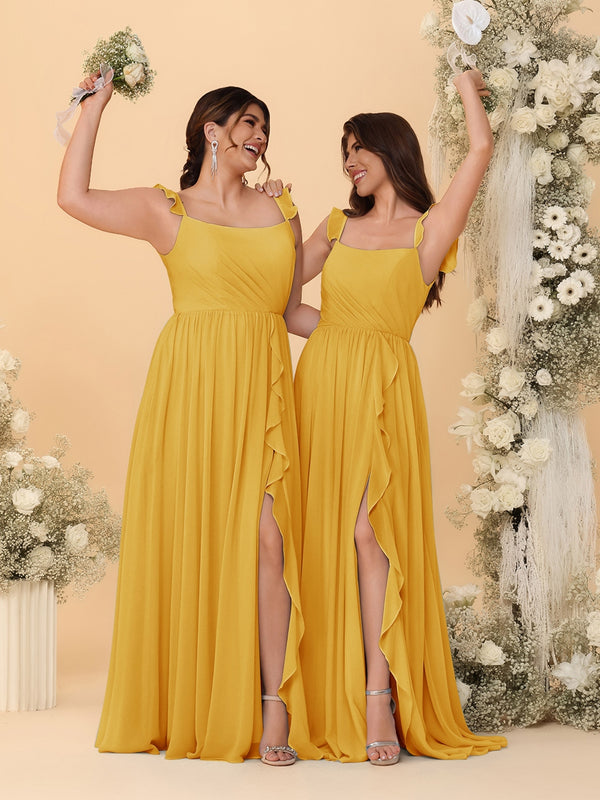 A-Line/Princess Square Neck Sleeveless Ruched Bridesmaid Dresses With Side Slit & Ruffles