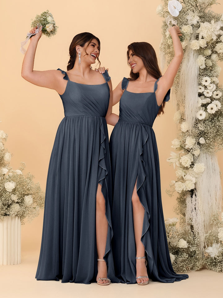 A-Line/Princess Square Neck Sleeveless Ruched Bridesmaid Dresses With Side Slit &amp; Ruffles