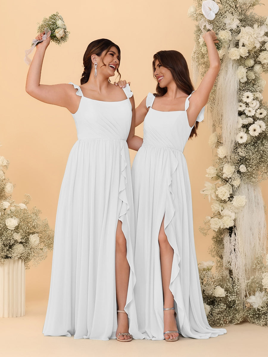 A-Line/Princess Square Neck Sleeveless Ruched Bridesmaid Dresses With Side Slit &amp; Ruffles