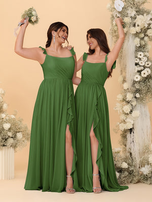 A-Line/Princess Square Neck Sleeveless Ruched Bridesmaid Dresses With Side Slit & Ruffles
