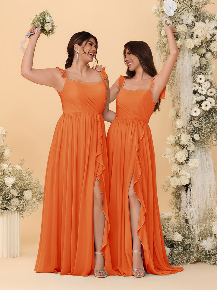 A-Line/Princess Square Neck Sleeveless Ruched Bridesmaid Dresses With Side Slit &amp; Ruffles
