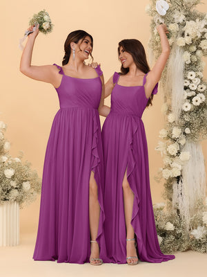 A-Line/Princess Square Neck Sleeveless Ruched Bridesmaid Dresses With Side Slit & Ruffles