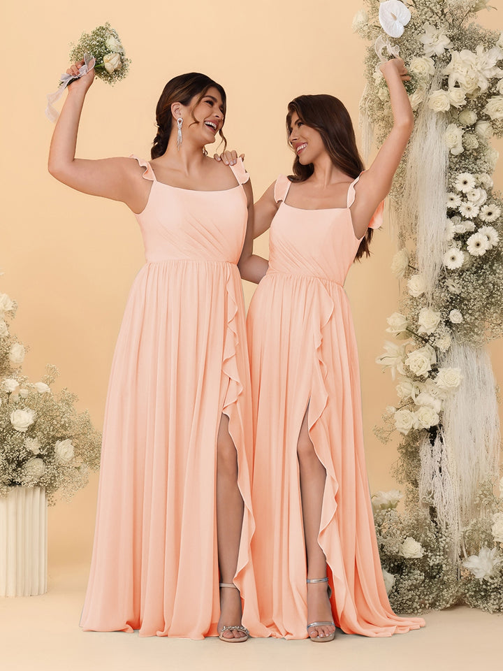 A-Line/Princess Square Neck Sleeveless Ruched Bridesmaid Dresses With Side Slit &amp; Ruffles
