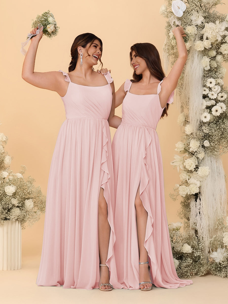 A-Line/Princess Square Neck Sleeveless Ruched Bridesmaid Dresses With Side Slit &amp; Ruffles