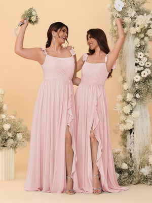 A-Line/Princess Square Neck Sleeveless Ruched Bridesmaid Dresses With Side Slit & Ruffles