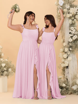 A-Line/Princess Square Neck Sleeveless Ruched Bridesmaid Dresses With Side Slit & Ruffles