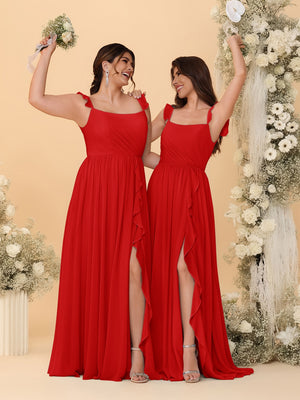 A-Line/Princess Square Neck Sleeveless Ruched Bridesmaid Dresses With Side Slit & Ruffles