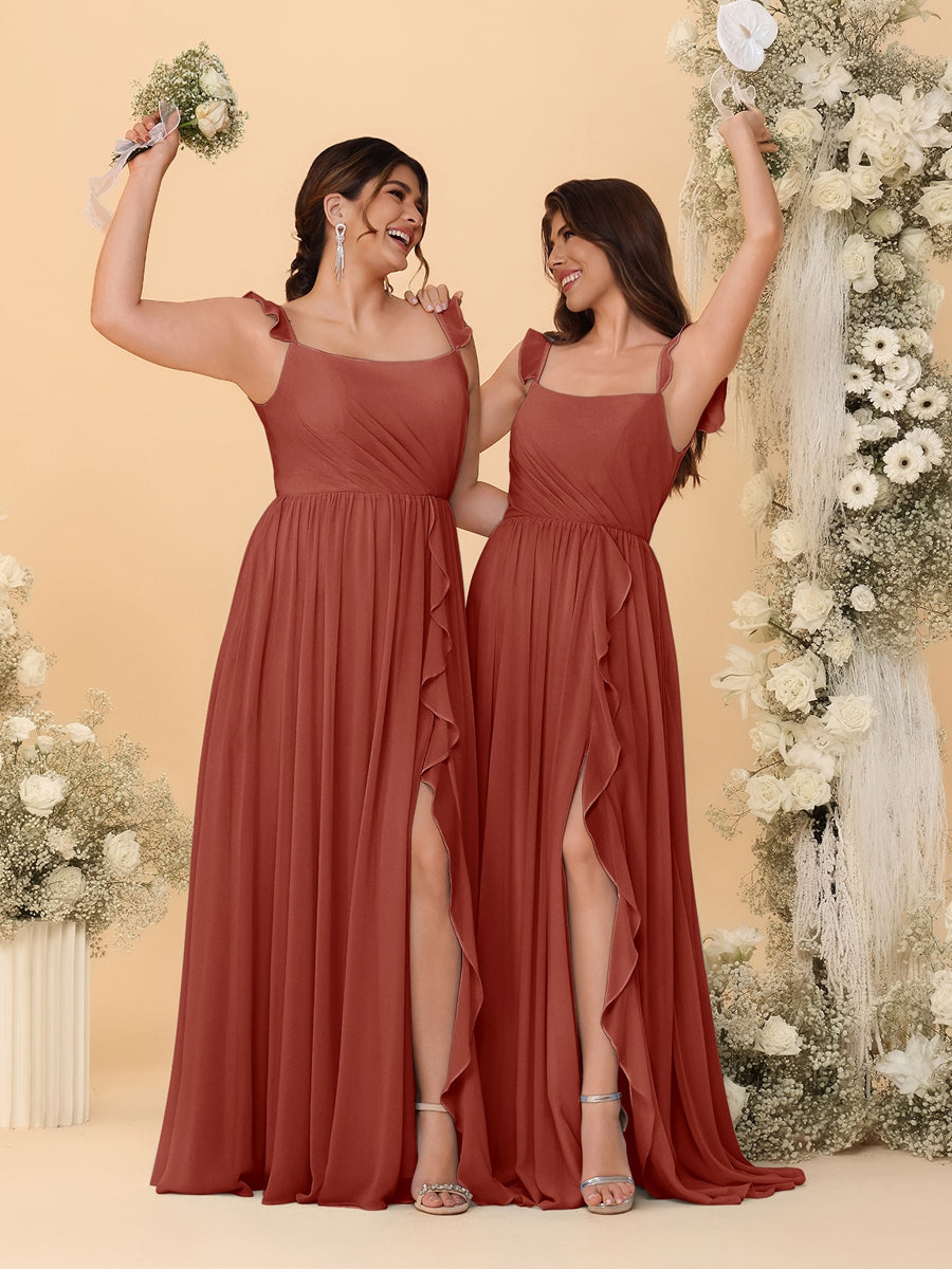 A-Line/Princess Square Neck Sleeveless Ruched Bridesmaid Dresses With Side Slit &amp; Ruffles