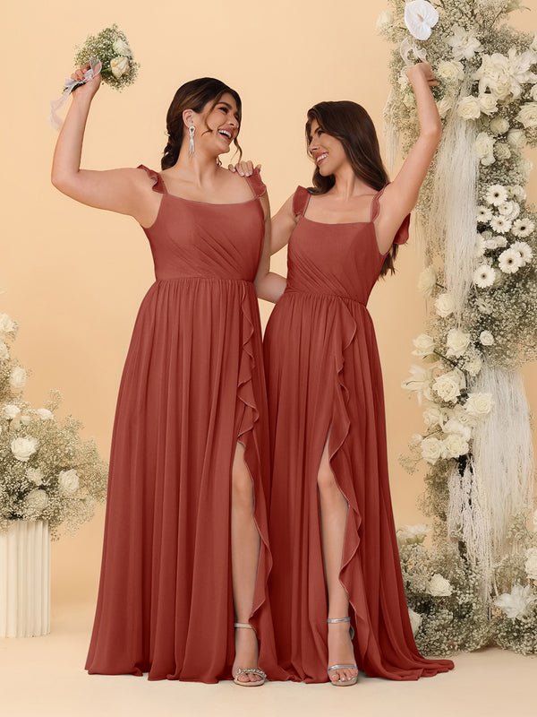A-Line/Princess Square Neck Sleeveless Ruched Bridesmaid Dresses With Side Slit & Ruffles