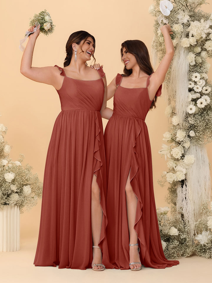 A-Line/Princess Square Neck Sleeveless Ruched Bridesmaid Dresses With Side Slit &amp; Ruffles