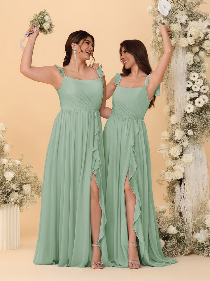 A-Line/Princess Square Neck Sleeveless Ruched Bridesmaid Dresses With Side Slit &amp; Ruffles