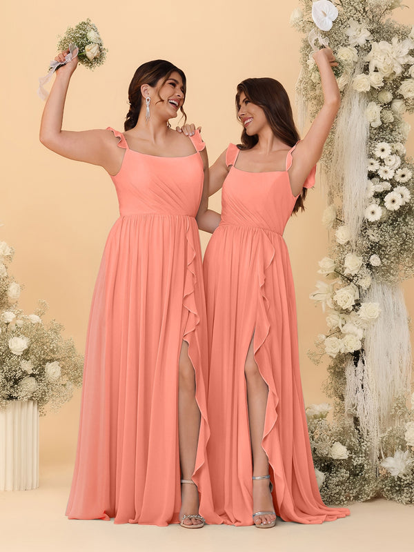 A-Line/Princess Square Neck Sleeveless Ruched Bridesmaid Dresses With Side Slit & Ruffles