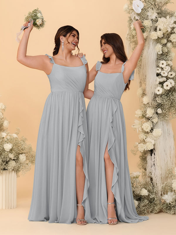 A-Line/Princess Square Neck Sleeveless Ruched Bridesmaid Dresses With Side Slit & Ruffles
