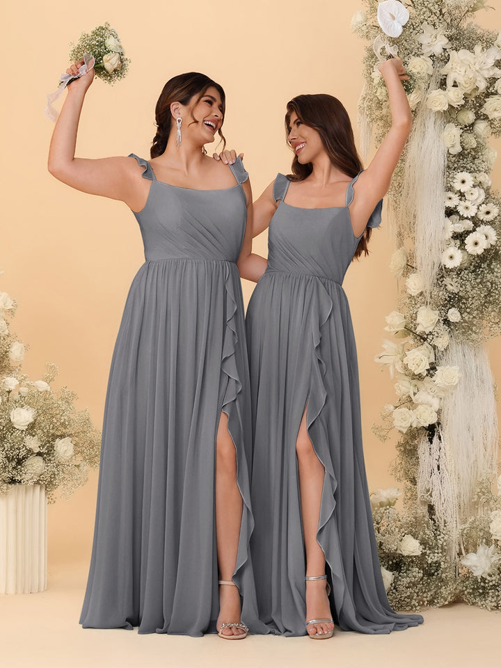 A-Line/Princess Square Neck Sleeveless Ruched Bridesmaid Dresses With Side Slit &amp; Ruffles